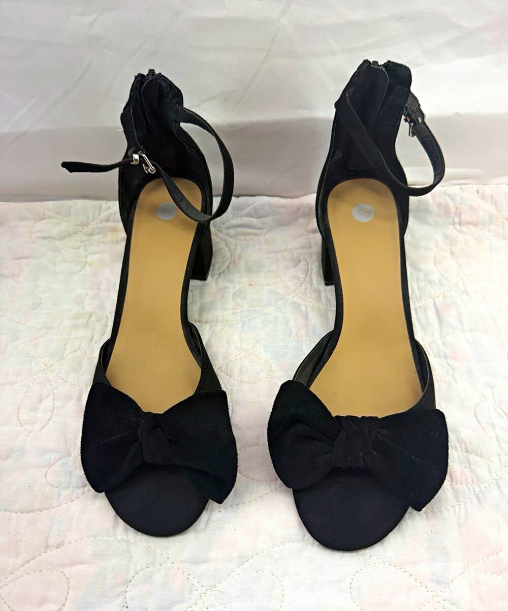 Women 10 black zip open toe ankle strap bow block heel sandals cutesy party